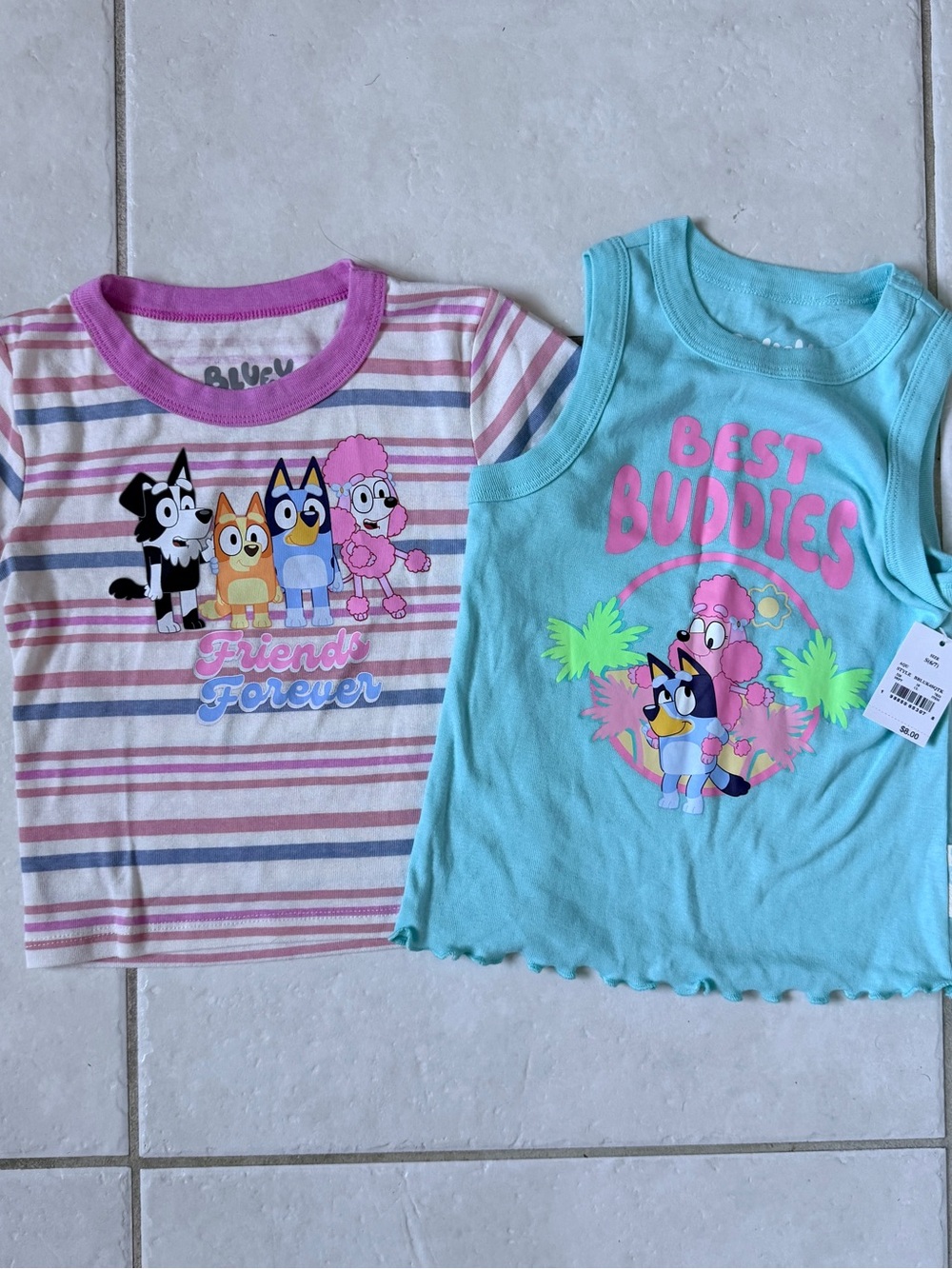 2 Bluey Girls Tees Pink Striped Friends Forever Aqua Best Buddies Tank 6/7